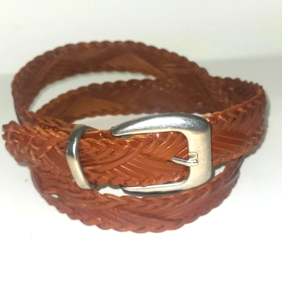 Belt Genuine Split Leather Woven Cognac brown Carmel silver buckle - Picture 1 of 6
